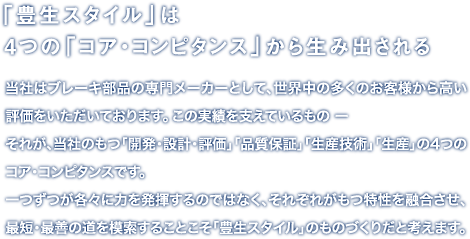 「豊生スタイル」は4つの「コア・コンピタンス」から生み出される
当社はブレーキ部品の専門メーカーとして、世界中の多くのお客様から高い評価をいただいております。この実績を支えているもの ー
それが、当社のもつ「開発・設計・評価」「品質保証」「生産技術」「生産」の4つのコア・コンピタンスです。
一つずつが各々に力を発揮するのではなく、それぞれがもつ特性を融合させ、最短・最善の道を模索することこそ「豊生スタイル」のものづくりだと考えます。